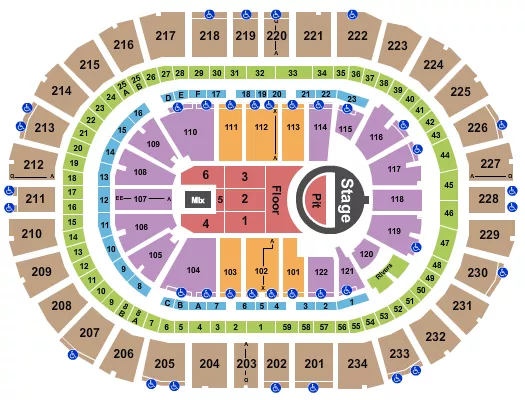 5 Seconds of Summer Seating Chart at PPG Paints Arena. The chart shows the main floor/stage with seating options surrounding it, which are color coded