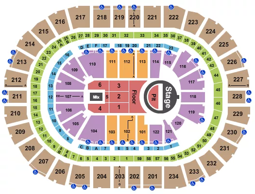 5 Seconds of Summer Seating Chart at PPG Paints Arena. The chart shows the main floor/stage with seating options surrounding it, which are color coded