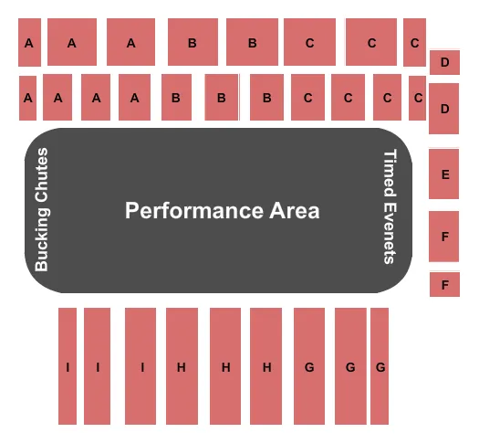 Rodeo 2 Seating Chart at Pacific Steel & Recycling Four Seasons Arena. The chart shows the main floor/stage with seating options surrounding it, which are color coded