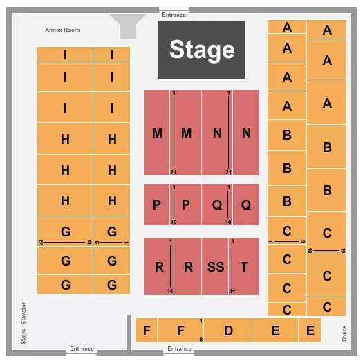 Endstage 2 Seating Chart at Pacific Steel & Recycling Four Seasons Arena. The chart shows the main floor/stage with seating options surrounding it, which are color coded