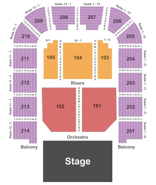 Beach Boys Seating Chart at Packard Music Hall. The chart shows the main floor/stage with seating options surrounding it, which are color coded