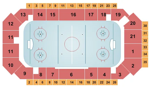 Hockey Seating Chart at Palais Des Sports - Quebec. The chart shows the main floor/stage with seating options surrounding it, which are color coded