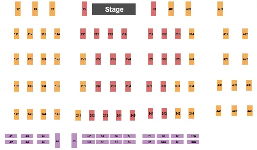 Tables Seating Chart at Palm Beach Kennel Club. The chart shows the main floor/stage with seating options surrounding it, which are color coded