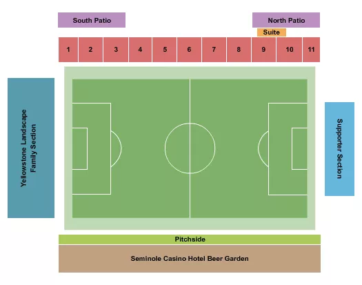 Soccer Seating Chart at Paradise Coast Sports Complex. The chart shows the main floor/stage with seating options surrounding it, which are color coded