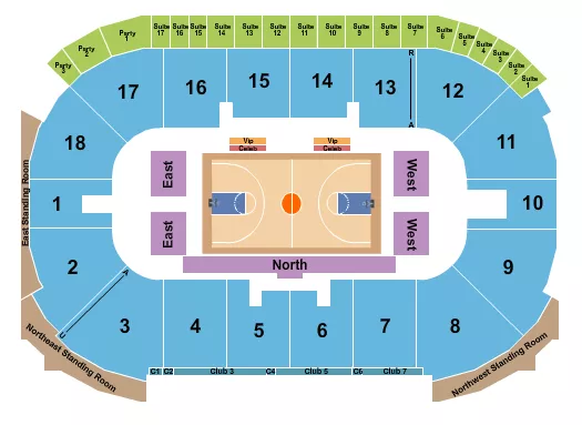 Basketball 2 Seating Chart at Paramount Fine Foods Centre. The chart shows the main floor/stage with seating options surrounding it, which are color coded