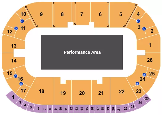 Open Floor Seating Chart at Paramount Fine Foods Centre. The chart shows the main floor/stage with seating options surrounding it, which are color coded