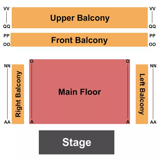 End Stage Seating Chart at Paramount Center for the Arts. The chart shows the main floor/stage with seating options surrounding it, which are color coded