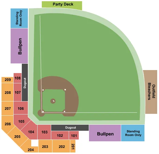 Baseball Seating Chart at Parkway Bank Sports Complex. The chart shows the main floor/stage with seating options surrounding it, which are color coded