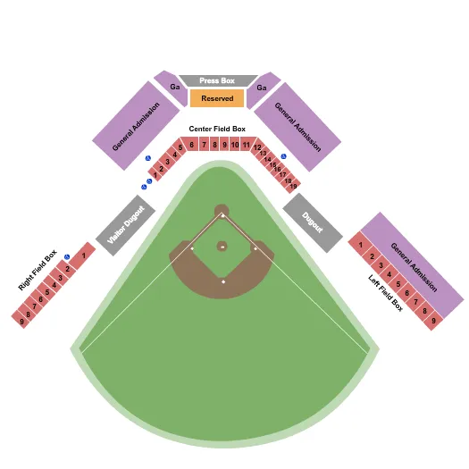 Baseball Seating Chart at Pat Kenelly Diamond at Alumni Field. The chart shows the main floor/stage with seating options surrounding it, which are color coded