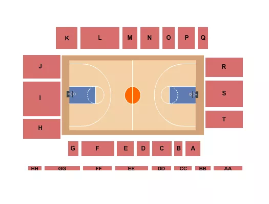 Basketball 2 Seating Chart at Paul Bailey Pizzitola Sports Center. The chart shows the main floor/stage with seating options surrounding it, which are color coded