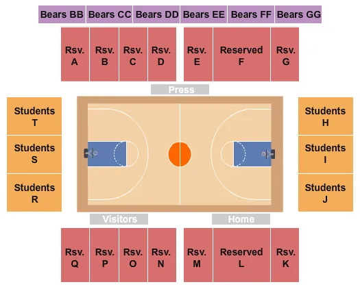 Basketball Seating Chart at Paul Bailey Pizzitola Sports Center. The chart shows the main floor/stage with seating options surrounding it, which are color coded