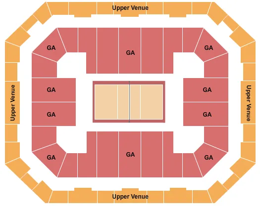 Volleyball Seating Chart at Pauley Pavilion presented by Wescom Financial. The chart shows the main floor/stage with seating options surrounding it, which are color coded
