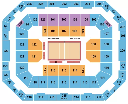 Womens Volleyball Seating Chart at Pauley Pavilion presented by Wescom Financial. The chart shows the main floor/stage with seating options surrounding it, which are color coded