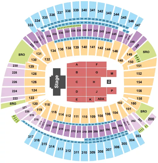 Billy Joel Seating Chart at Paycor Stadium. The chart shows the main floor/stage with seating options surrounding it, which are color coded