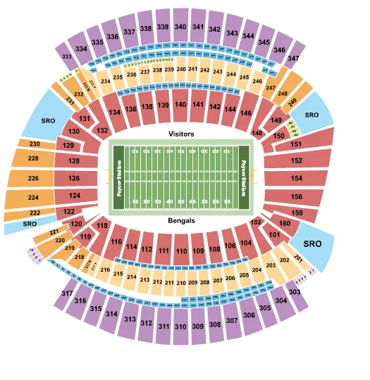 Football W/Suite Stripes Seating Chart at Paycor Stadium. The chart shows the main floor/stage with seating options surrounding it, which are color coded