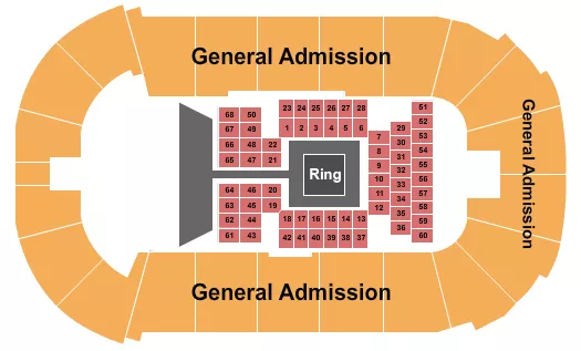 Boxing GA Seating Chart at Payne Arena. The chart shows the main floor/stage with seating options surrounding it, which are color coded