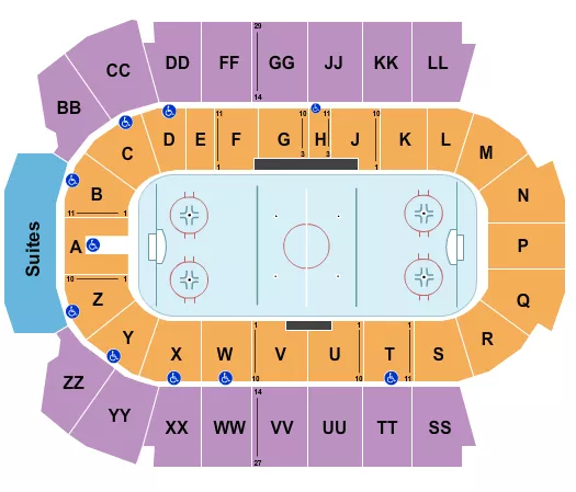 Hockey Seating Chart at Peavey Mart Centrium. The chart shows the main floor/stage with seating options surrounding it, which are color coded