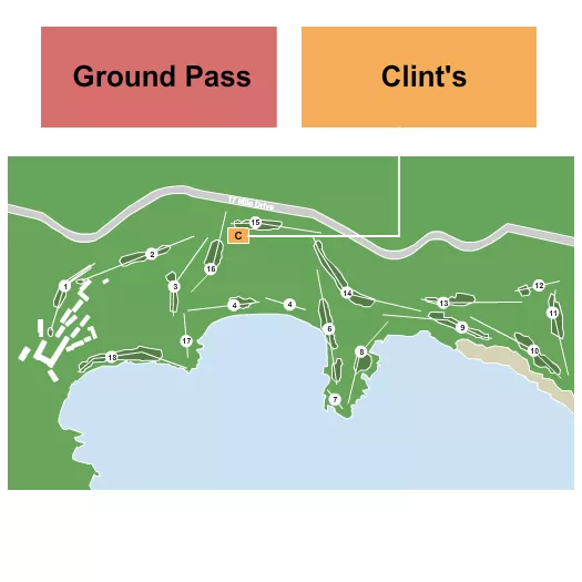 Pro Am Seating Chart at Pebble Beach Golf Links. The chart shows the main floor/stage with seating options surrounding it, which are color coded