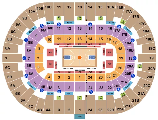 Basketball 2 Seating Chart at Pechanga Arena. The chart shows the main floor/stage with seating options surrounding it, which are color coded