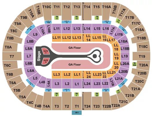 Benson Boone Seating Chart at Pechanga Arena. The chart shows the main floor/stage with seating options surrounding it, which are color coded