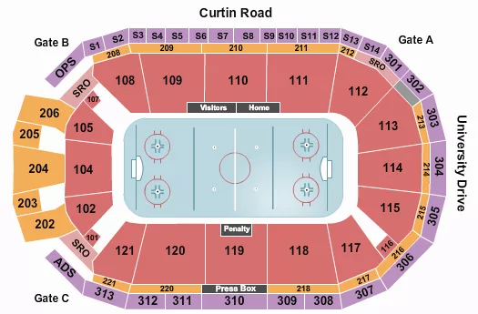 Hockey Seating Chart at Pegula Ice Arena At Penn State. The chart shows the main floor/stage with seating options surrounding it, which are color coded