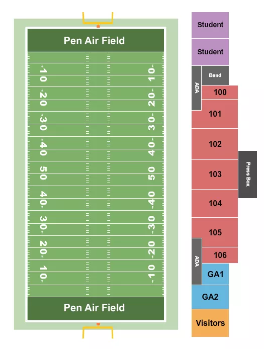 Football Seating Chart at Pen Air Field. The chart shows the main floor/stage with seating options surrounding it, which are color coded
