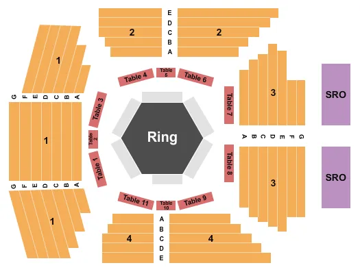 MMA Seating Chart at Pend Oreille Pavilion At Northern Quest Resort & Casino. The chart shows the main floor/stage with seating options surrounding it, which are color coded