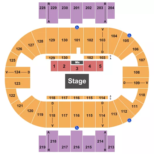 Alice Cooper Seating Chart at Pensacola Bay Center. The chart shows the main floor/stage with seating options surrounding it, which are color coded