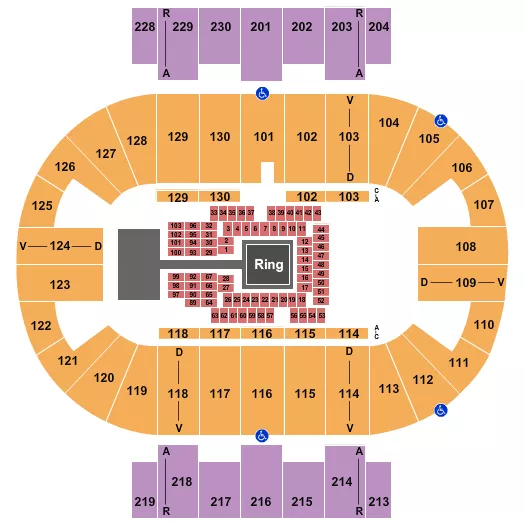 Boxing 2 Seating Chart at Pensacola Bay Center. The chart shows the main floor/stage with seating options surrounding it, which are color coded
