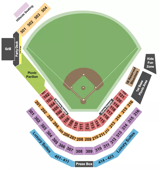 Baseball Seating Chart at Peoples Natural Gas Field. The chart shows the main floor/stage with seating options surrounding it, which are color coded