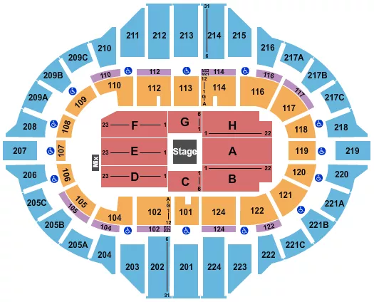 Center Stage 1 Seating Chart at Carver Arena At Peoria Civic Center. The chart shows the main floor/stage with seating options surrounding it, which are color coded