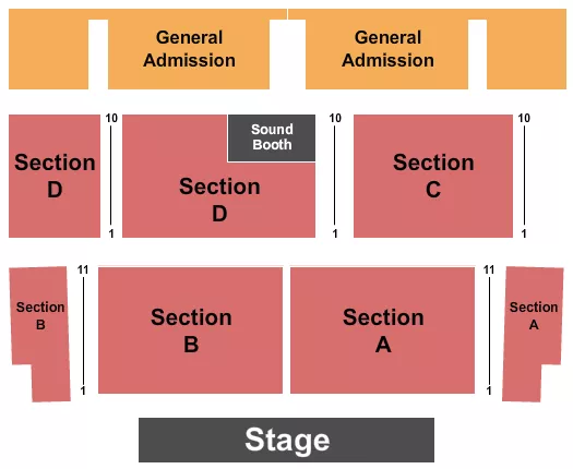 Endstage A-D / GA Seating Chart at Peoria Showplace at Buffalo Run Casino. The chart shows the main floor/stage with seating options surrounding it, which are color coded