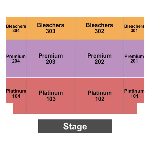 Endstage Levels Seating Chart at Peoria Showplace at Buffalo Run Casino. The chart shows the main floor/stage with seating options surrounding it, which are color coded