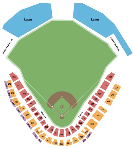 Baseball Seating Chart at Peoria Stadium. The chart shows the main floor/stage with seating options surrounding it, which are color coded