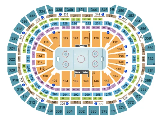 Hockey Seating Chart at Ball Arena. The chart shows the main floor/stage with seating options surrounding it, which are color coded