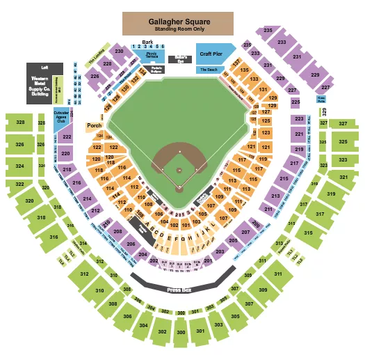 Baseball Seating Chart at Petco Park. The chart shows the main floor/stage with seating options surrounding it, which are color coded
