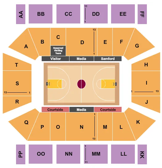 Basketball Seating Chart at Pete Hanna Center. The chart shows the main floor/stage with seating options surrounding it, which are color coded