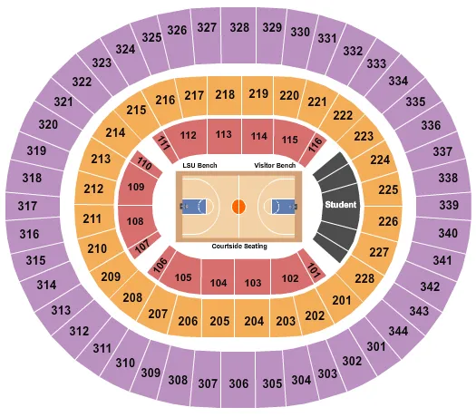 Basketball Seating Chart at Pete Maravich Assembly Center. The chart shows the main floor/stage with seating options surrounding it, which are color coded