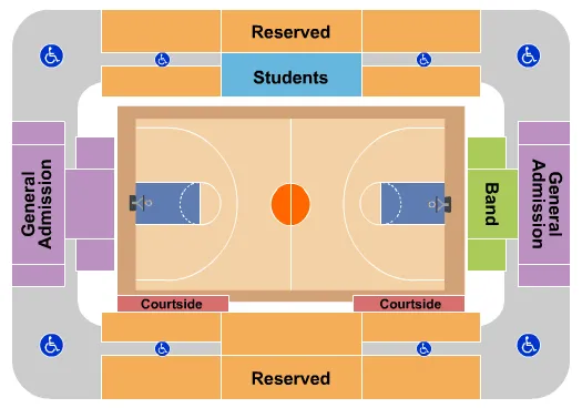 Basketball Seating Chart at Pete Mathews Coliseum. The chart shows the main floor/stage with seating options surrounding it, which are color coded