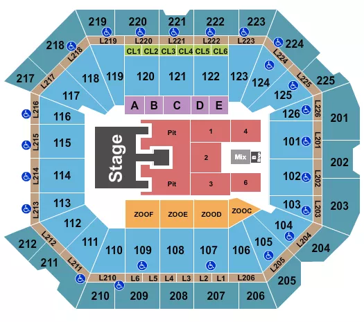 Bailey Zimmerman Seating Chart at Petersen Events Center. The chart shows the main floor/stage with seating options surrounding it, which are color coded