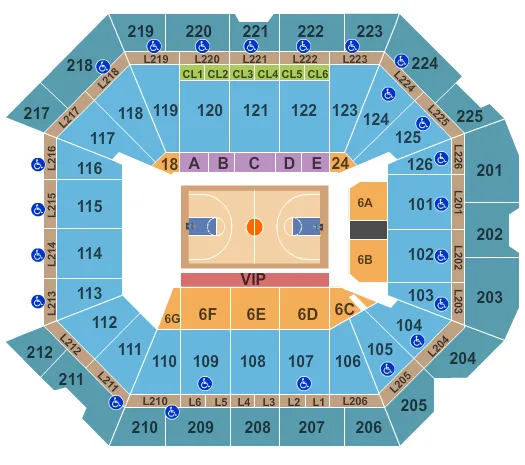 Basketball Seating Chart at Petersen Events Center. The chart shows the main floor/stage with seating options surrounding it, which are color coded