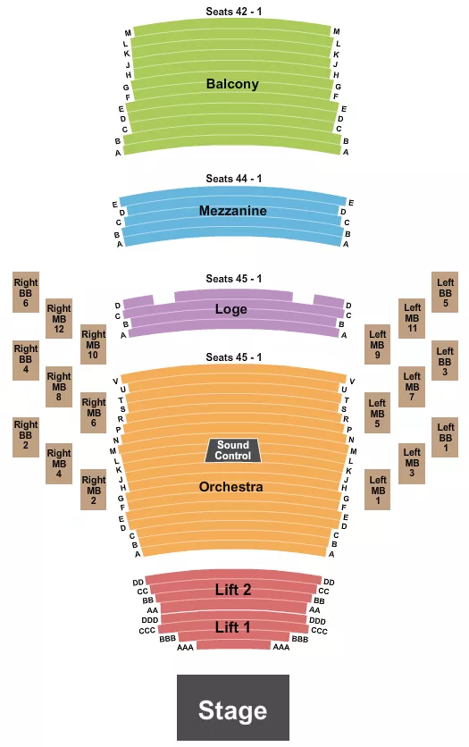 Endstage 2 Seating Chart at Pikes Peak Center. The chart shows the main floor/stage with seating options surrounding it, which are color coded