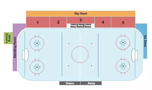 Hockey Seating Chart at Piney Orchard Ice Arena. The chart shows the main floor/stage with seating options surrounding it, which are color coded