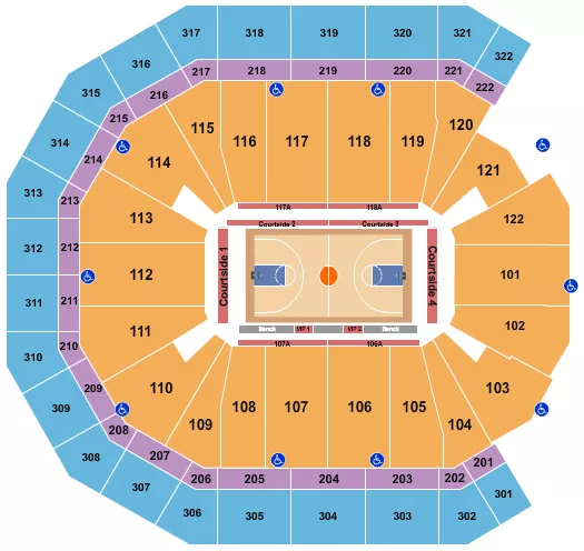 AVCA Basketball Seating Chart at Pinnacle Bank Arena. The chart shows the main floor/stage with seating options surrounding it, which are color coded