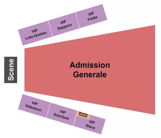 Igloofest Seating Chart at Place Jean-Beliveau At Centre Videotron. The chart shows the main floor/stage with seating options surrounding it, which are color coded