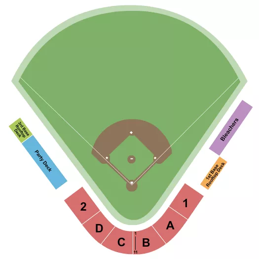 Baseball Seating Chart at Port Arthur Stadium. The chart shows the main floor/stage with seating options surrounding it, which are color coded