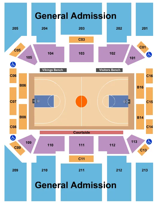 Basketball Seating Chart at Portland State's Viking Pavilion. The chart shows the main floor/stage with seating options surrounding it, which are color coded