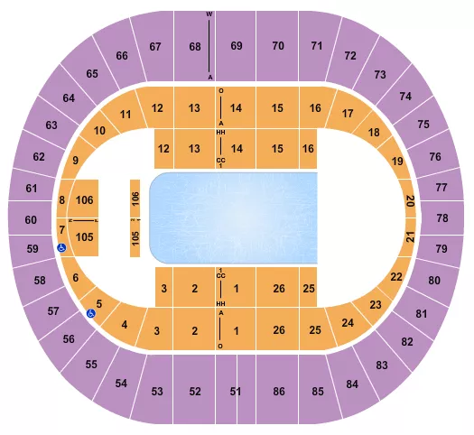 Cirque Crystal Seating Chart at Portland Veterans Memorial Coliseum. The chart shows the main floor/stage with seating options surrounding it, which are color coded