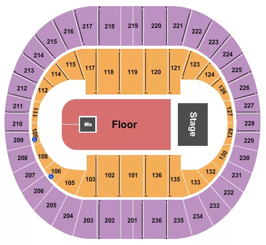 Endstage GA Floor Seating Chart at Portland Veterans Memorial Coliseum. The chart shows the main floor/stage with seating options surrounding it, which are color coded