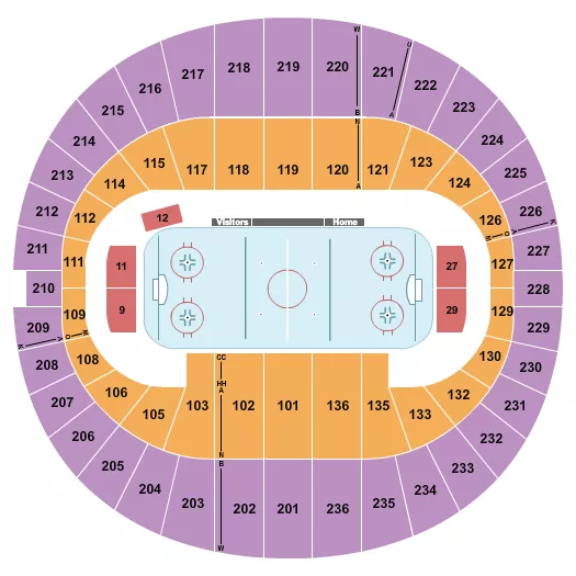 Hockey Seating Chart at Portland Veterans Memorial Coliseum. The chart shows the main floor/stage with seating options surrounding it, which are color coded